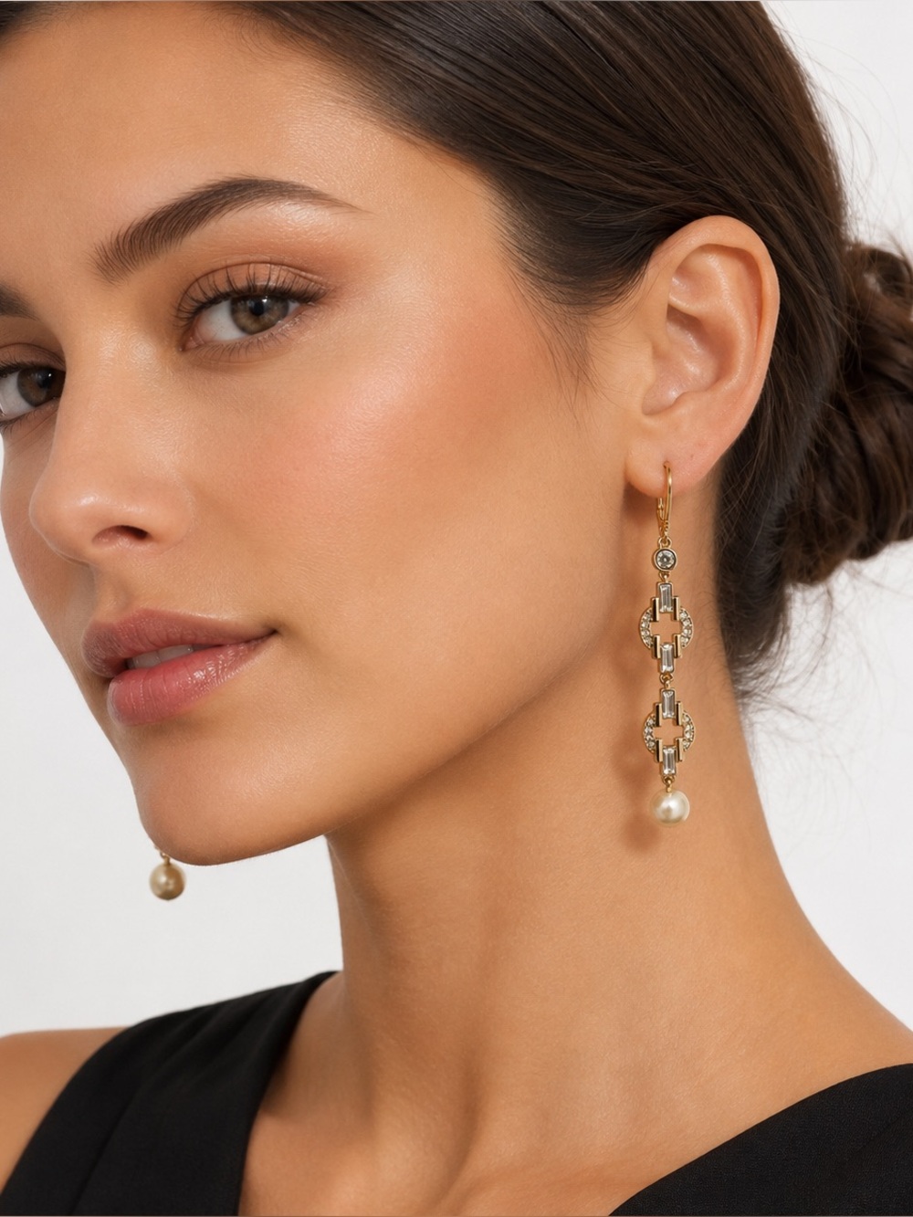 Lauren Ralph Lauren Gold Tone Crystal Pearl Drop Dangle Earrings